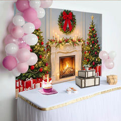 Lofaris Festlicher Weihnachtshintergrund mit Kamin und geschmückten Bäumen, elegante Kulisse für Familienfotos und Winterdekoration