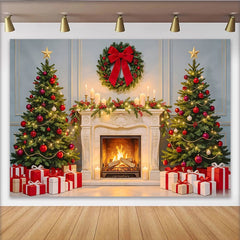 Lofaris Festlicher Weihnachtshintergrund mit Kamin und geschmückten Bäumen, elegante Kulisse für Familienfotos und Winterdekoration