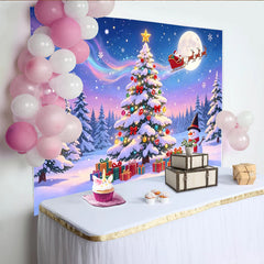 Lofaris Magischer Weihnachts-Hintergrund mit Schneemann und beleuchtetem Baum, festliche Winterlandschaft für Party und Fotoshooting