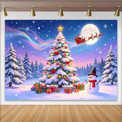 Lofaris Magischer Weihnachts-Hintergrund mit Schneemann und beleuchtetem Baum, festliche Winterlandschaft für Party und Fotoshooting
