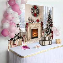 Lofaris Festlicher Weihnachtshintergrund mit Kamin und verschneiten Bäumen, elegante Winterkulisse für Familienfotos und Events