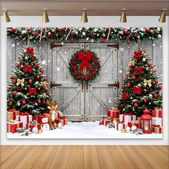 Lofaris Rustikaler Weihnachts-Hintergrund mit Tannenbäumen und Geschenken, winterliche Fotowand für festliche Familienfotos und Partydekoration