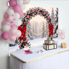 Lofaris Winterlicher Weihnachtsbogen Hintergrund mit Schnee Tannenbäumen roten Schleifen und Zuckerstangen-Kugeln, Kulisse für Fotoshootings