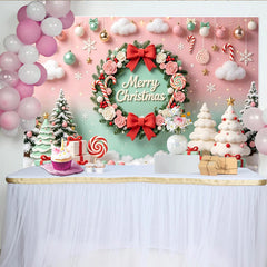 Lofaris Rosa Mintgrün Weihnachtshintergrund mit Merry Christmas Kranz und Zuckerstangen, festliche Kulisse für Partydekoration
