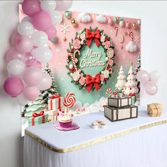Lofaris Rosa Mintgrün Weihnachtshintergrund mit Merry Christmas Kranz und Zuckerstangen, festliche Kulisse für Partydekoration