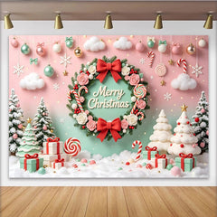 Lofaris Rosa Mintgrün Weihnachtshintergrund mit Merry Christmas Kranz und Zuckerstangen, festliche Kulisse für Partydekoration