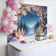 Lofaris Schneebedeckter Winterwald Weihnachts-Hintergrund mit Lichterketten und Schneeflocken, magische Kulisse für Fotoshooting