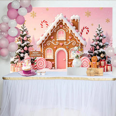 Lofaris Rosa Lebkuchenhaus Weihnachts-Hintergrund mit Schneemann und Bäumen, winterliche Fotokulisse für festliche Fotoshootings