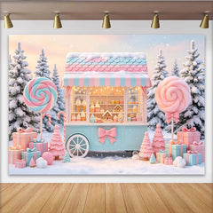 Lofaris Rosa Blauer Weihnachts-Süßigkeitenstand Hintergrund mit Schnee, verträumte Kulisse für Winter-Feierlichkeiten und Fotoshootings