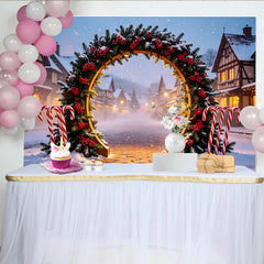 Lofaris Winterliches Weihnachtsdorf Fotohintergrund mit festlichem Bogen und Zuckerstangen, verschneite Kulisse für magische Winterfotos