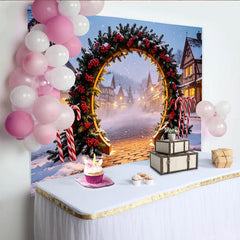 Lofaris Winterliches Weihnachtsdorf Fotohintergrund mit festlichem Bogen und Zuckerstangen, verschneite Kulisse für magische Winterfotos