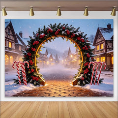 Lofaris Winterliches Weihnachtsdorf Fotohintergrund mit festlichem Bogen und Zuckerstangen, verschneite Kulisse für magische Winterfotos