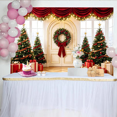 Lofaris Festlicher Weihnachtshintergrund mit Tannenbäumen und Geschenken, rote Dekoration für festliche Fotografie und Winterparty