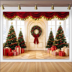 Lofaris Festlicher Weihnachtshintergrund mit Tannenbäumen und Geschenken, rote Dekoration für festliche Fotografie und Winterparty