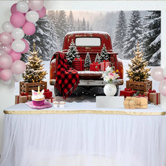 Lofaris Weihnachtlicher Roter Truck Hintergrund im verschneiten Wald, festliche Fotowand für Winterfotos und Partydekoration