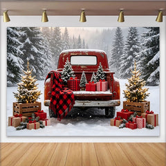 Lofaris Weihnachtlicher Roter Truck Hintergrund im verschneiten Wald, festliche Fotowand für Winterfotos und Partydekoration