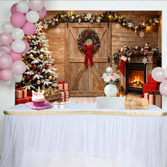 Lofaris Rustikaler Weihnachtsbaum Kamin Hintergrund mit Geschenken und Lichterketten, gemütliche festliche Fotokulisse für Fotoshooting