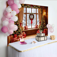 Lofaris Gemütlicher Weihnachts-Hintergrund mit beleuchteten Weihnachtsbäumen und Geschenken, festliche Kulisse für Winterfotoshootings