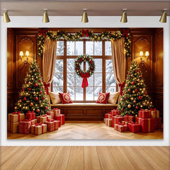 Lofaris Gemütlicher Weihnachts-Hintergrund mit beleuchteten Weihnachtsbäumen und Geschenken, festliche Kulisse für Winterfotoshootings