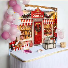Lofaris Festlicher Weihnachtsbäckerei Hintergrund mit Lebkuchen und Schnee, winterliche Ladenfront Kulisse für Fotografie und Partydeko