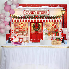 Lofaris Festlicher Weihnachts-Süßigkeitenladen-Hintergrund mit Lebkuchen und Zuckerstangen, winterliche Kulisse für Partyfotos