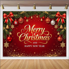 Lofaris Roter Weihnachts- und Neujahrshintergrund mit goldener Schrift und Tannenzweigen, funkelnde festliche Kulisse für Partydekoration