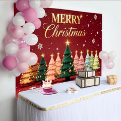 Lofaris Goldener Merry Christmas Hintergrund mit bunten Weihnachtsbäumen und Schneeflocken, festliche Kulisse für Fotoshooting