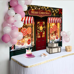Lofaris Festlicher Weihnachtshintergrund Süßigkeitenladen mit roten Zuckerstangen, bezaubernde Schaufensterdekoration für Fotoshootings