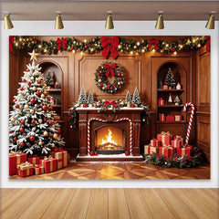 Lofaris Klassischer Weihnachtshintergrund mit Baum Kamin und Geschenken, gemütliche Fotowand für festliche Weihnachtsdekoration