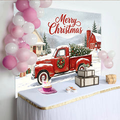 Lofaris Roter Oldtimer-Truck Weihnachts-Hintergrund mit Merry Christmas Schriftzug, winterliche Fotokulisse für festliche Dekoration