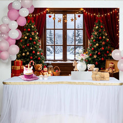Lofaris Gemütlicher Weihnachtszimmerhintergrund mit Bäumen und Geschenken, festliche Fotokulisse für Winterdekoration