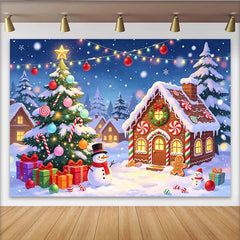 Lofaris Festlicher Weihnachtshintergrund mit Lebkuchenhaus, Weihnachtsbaum und Schneemann, winterliche Kulisse für Partydekoration