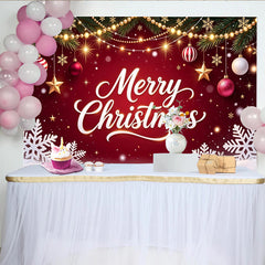 Lofaris Froher Weihnachtshintergrund mit roten Kugeln und Lichterketten, festliche Fotowand für Familienfotos und Winterparty Dekoration