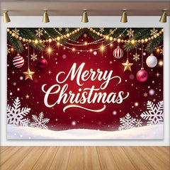 Lofaris Froher Weihnachtshintergrund mit roten Kugeln und Lichterketten, festliche Fotowand für Familienfotos und Winterparty Dekoration