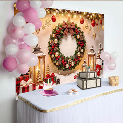 Lofaris Festlicher Weihnachtshintergrund mit Kranz Lichterkette und Geschenken, winterliche Kulisse für Familienfotos Party