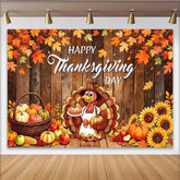 Lofaris Fröhlicher Thanksgiving Hintergrund mit Truthahn Kürbissen und Herbstlaub, rustikale Holzwand Kulisse für Erntedankfest Dekoration