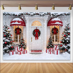 Lofaris Winterlicher Weihnachtshintergrund mit Schnee und Geschenken vor der Haustür, festliche Fotowand für Familienfotoshooting