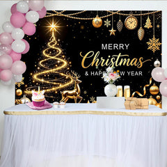 Lofaris Eleganter schwarz-goldener Weihnachts-Neujahrshintergrund mit funkelndem Baum und Hirsch, festliche Kulisse für Partydekoration