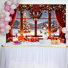 Lofaris Festlicher Weihnachtsfenster-Hintergrund mit verschneiter Landschaft und Weihnachtsmann, perfekte Kulisse für Familienfotos