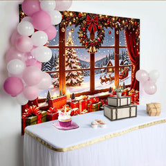 Lofaris Festlicher Weihnachtsfenster-Hintergrund mit verschneiter Landschaft und Weihnachtsmann, perfekte Kulisse für Familienfotos