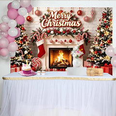 Lofaris Festlicher Weihnachtshintergrund mit Kamin und Tannenbäumen, gemütliche Fotokulisse für Familienfotos und Partydekoration
