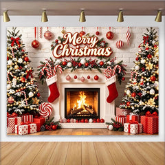 Lofaris Festlicher Weihnachtshintergrund mit Kamin und Tannenbäumen, gemütliche Fotokulisse für Familienfotos und Partydekoration