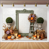 Lofaris Rustikaler Herbst-Fotohintergrund mit Kürbissen und bunten Blättern, gemütliche Kulisse für saisonale Fotoshootings
