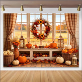 Lofaris Herbstlicher Fensterhintergrund mit Kürbissen und Sonnenblumenkranz, gemütliche Fotowand für Erntedankfest und Herbstdekoration
