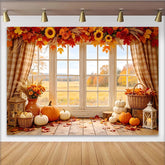 Lofaris Rustikaler Herbsthintergrund mit Kürbissen und Sonnenblumen am Fenster, bunte Herbstblätter und gemütliche Fotokulisse für Dekoration