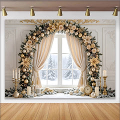 Lofaris Goldener Weihnachts-Hintergrund mit eleganten Ornamenten und Tannenzweigen, festliche Kulisse für Winterfotoshootings