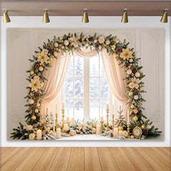 Lofaris Festlicher goldener Fensterbogen Weihnachtshintergrund mit Schnee, elegante Kulisse für festliche Fotografie und Winterdekoration