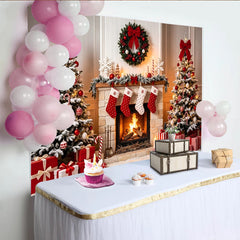 Lofaris Festlicher Weihnachtshintergrund mit Kamin und geschmückten Weihnachtsbäumen, gemütliche Kulisse für Familienfotos und Winterdekoration