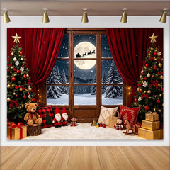 Lofaris Weihnachtshintergrund mit Fenster, Schnee und Weihnachtsmann Schlitten, festliche Kulisse für Familienfotos und Winterdekoration