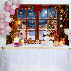 Lofaris Weihnachtshintergrund mit verschneitem Fenster und Lebkuchenmännern, festliche Kulisse für Winterparty Dekoration